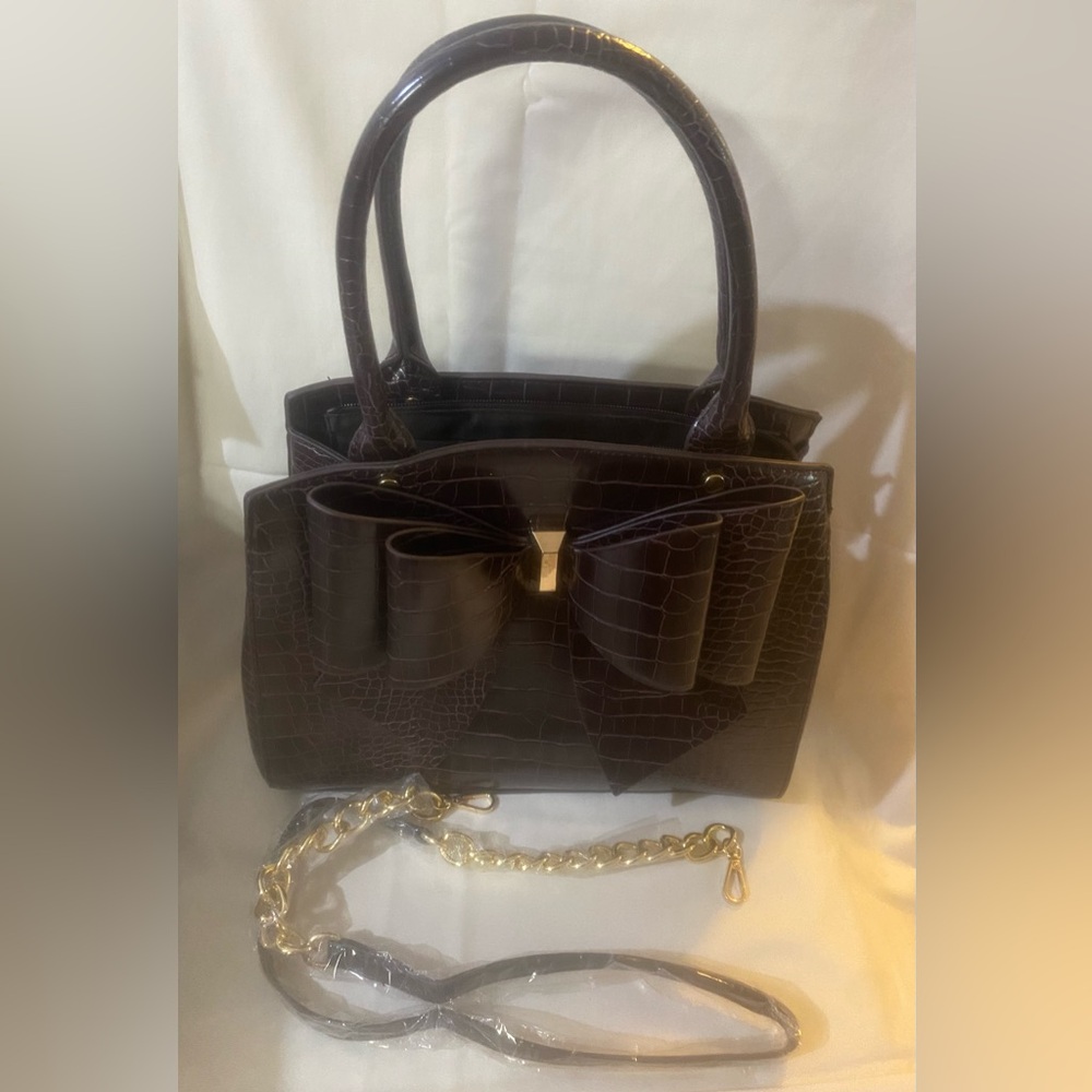 Dark Brown Faux Leather & Gator Skin Handbag
